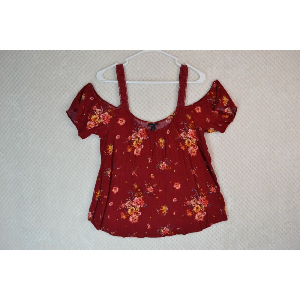 Torrid Women's 00 Red Floral Cold Shoulder Gauze Top